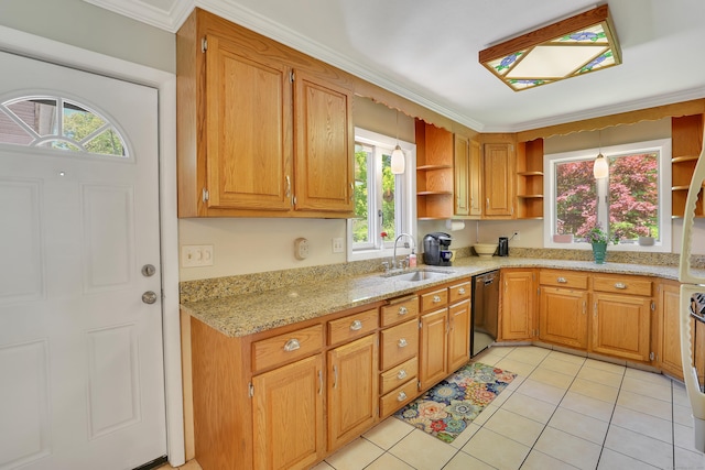 31 Hemlock Dr, Southington, CT 06489 - kitchen with open shelves, a sink, dishwasher, light tile patterned flooring, and light stone counters