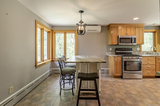 179 Parker Rd, Somers, CT 06071 - kitchen featuring stainless steel appliances, a baseboard heating unit, a wall mounted air conditioner, decorative backsplash, and recessed lighting