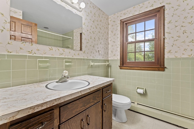 8 Michael Rd, Simsbury, CT 06070 - full bathroom featuring baseboard heating, wallpapered walls, vanity, a tile shower, and toilet