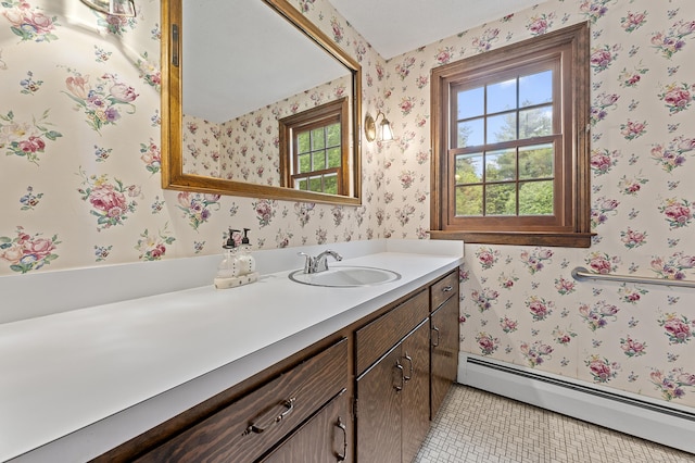 8 Michael Rd, Simsbury, CT 06070 - bathroom featuring baseboard heating, vanity, tile patterned floors, and wallpapered walls