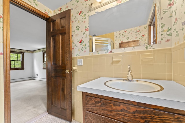 8 Michael Rd, Simsbury, CT 06070 - full bathroom featuring wallpapered walls, vanity, a wainscoted wall, tile walls, and a baseboard radiator