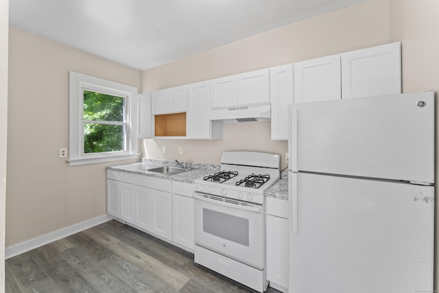 38 Ford St, New Haven, CT 06511 - kitchen with white appliances, under cabinet range hood, a sink, and white cabinetry