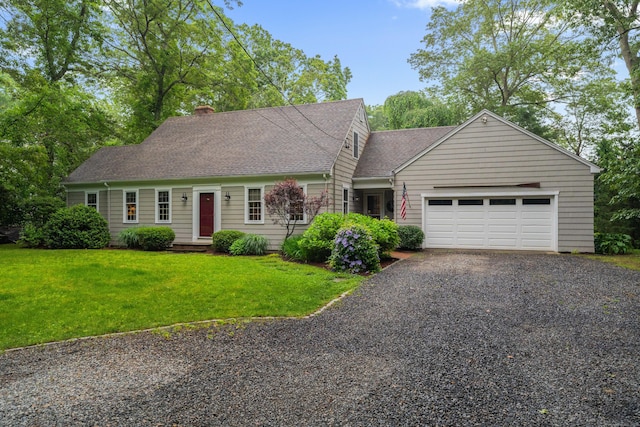 57 Elm Ridge Rd, Stonington, CT 06379 - cape cod house with driveway, a garage, a front lawn, roof with shingles, and a chimney