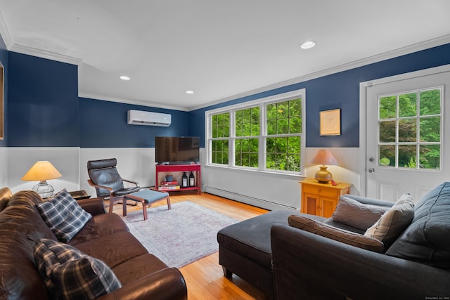 57 Elm Ridge Rd, Stonington, CT 06379 - living area with a baseboard radiator, a wall mounted AC, crown molding, wainscoting, and wood finished floors