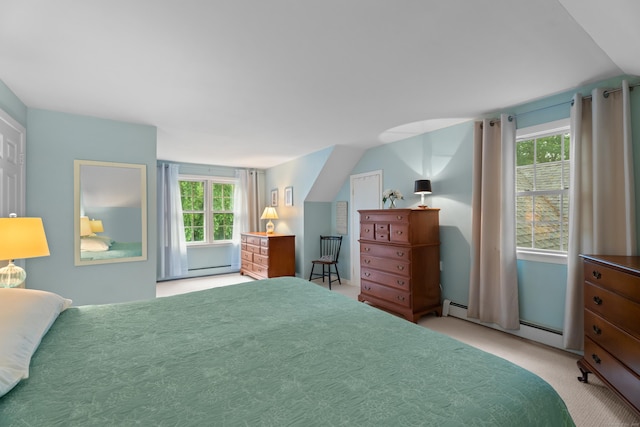 57 Elm Ridge Rd, Stonington, CT 06379 - bedroom with carpet, baseboard heating, and vaulted ceiling