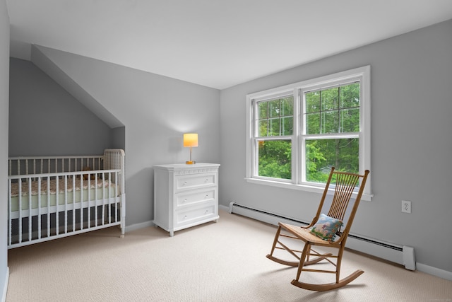 57 Elm Ridge Rd, Stonington, CT 06379 - bedroom featuring light colored carpet, a baseboard radiator, and a nursery area