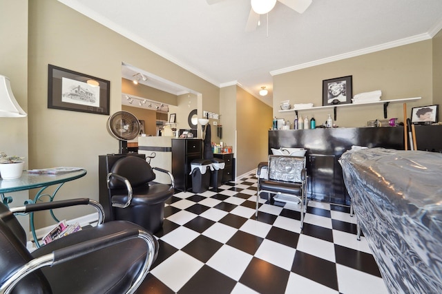 189 E Ave, Norwalk, CT 06855 - living area with tile patterned floors, crown molding, and ceiling fan