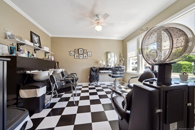 189 E Ave, Norwalk, CT 06855 - office space featuring tile patterned floors, a ceiling fan, baseboards, and crown molding