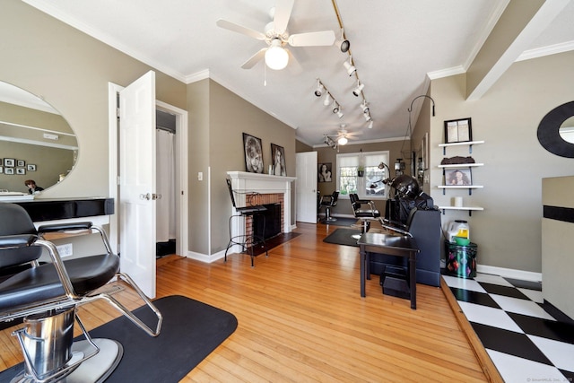 189 E Ave, Norwalk, CT 06855 - living room with ceiling fan, a fireplace, baseboards, an office area, and crown molding