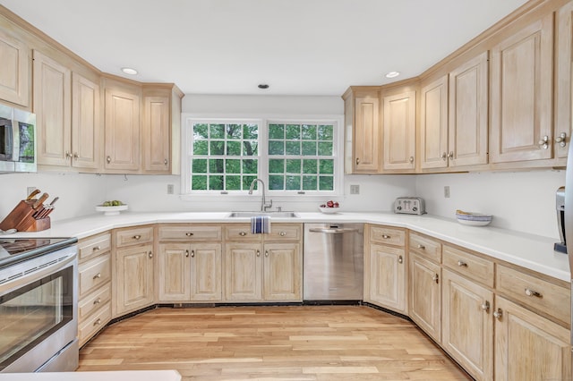 73 Golden Hill St, Trumbull, CT 06611 - kitchen featuring light brown cabinets, appliances with stainless steel finishes, a sink, and recessed lighting