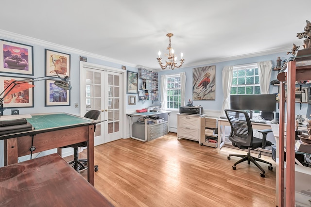 73 Golden Hill St, Trumbull, CT 06611 - office area featuring french doors, crown molding, light wood-style flooring, a chandelier, and baseboard heating