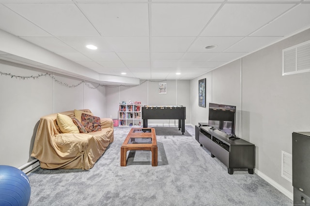 73 Golden Hill St, Trumbull, CT 06611 - carpeted living area featuring a paneled ceiling, a baseboard radiator, recessed lighting, and baseboards