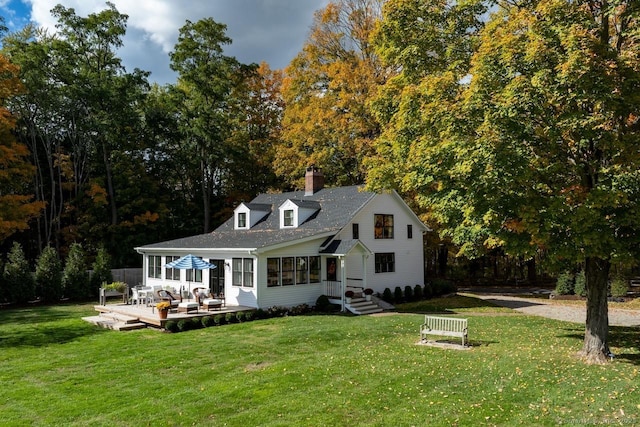 99 Sharon Mountain Rd, Sharon, CT 06069 - back of house with a wooden deck, a chimney, a yard, and roof with shingles