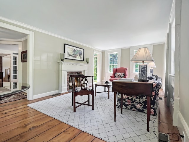 114 Ruscoe Rd, Wilton, CT 06897 - office space featuring hardwood / wood-style flooring, baseboards, a fireplace, and crown molding
