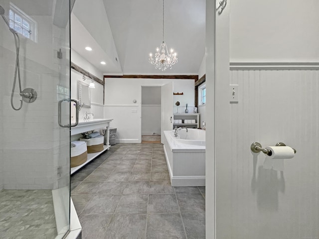 114 Ruscoe Rd, Wilton, CT 06897 - full bath featuring a stall shower, a chandelier, vanity, wainscoting, and a bath
