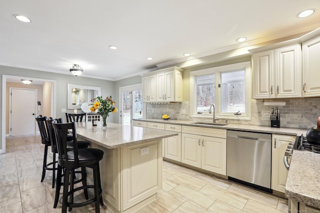8 Grants Ln, New Milford, CT 06776 - kitchen featuring stainless steel dishwasher, a sink, ornamental molding, recessed lighting, and a kitchen island