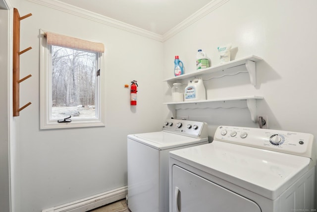 8 Grants Ln, New Milford, CT 06776 - laundry area with washing machine and clothes dryer, baseboard heating, and crown molding