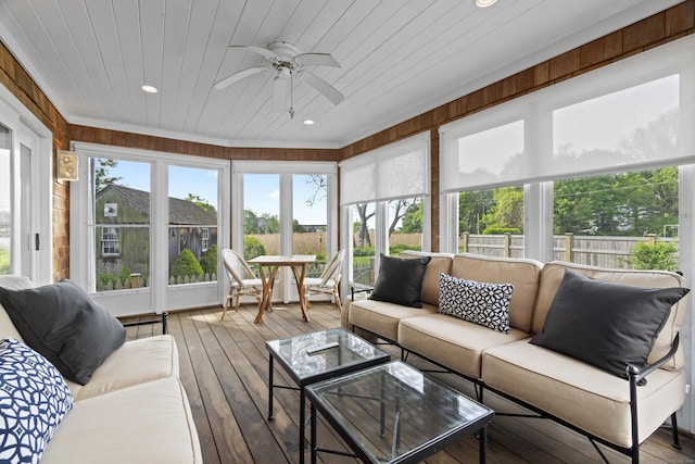 410 Noank Rd, Groton, CT 06355 - sunroom / solarium featuring an outdoor living space, a ceiling fan, a wooden deck, recessed lighting, and wooden ceiling