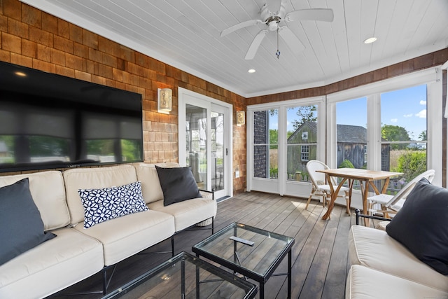 410 Noank Rd, Groton, CT 06355 - sunroom featuring wooden walls, recessed lighting, hardwood / wood-style floors, and wood ceiling