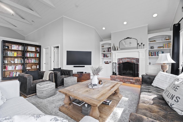410 Noank Rd, Groton, CT 06355 - living area featuring wood ceiling, a brick fireplace, recessed lighting, and built in shelves