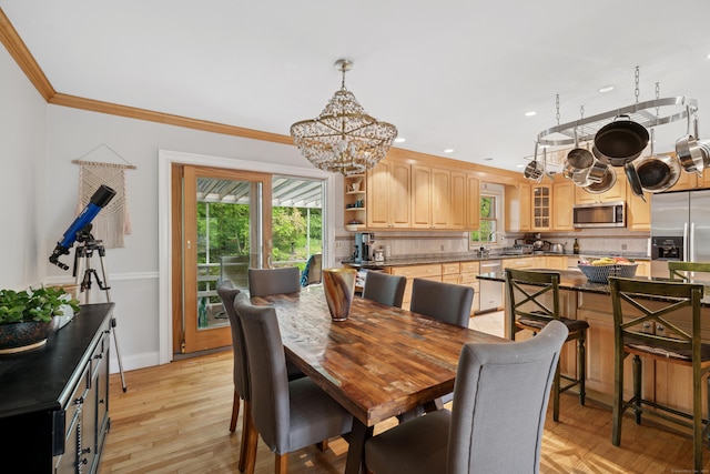 14 Button Rd, Shelton, CT 06484 - dining room with baseboards, ornamental molding, a chandelier, light wood-style floors, and recessed lighting