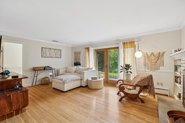 14 Button Rd, Shelton, CT 06484 - living room with a baseboard radiator, crown molding, and light wood-style floors