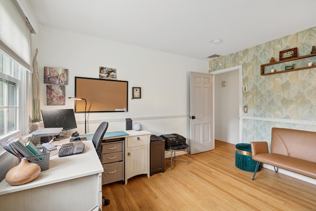 14 Button Rd, Shelton, CT 06484 - office area with wallpapered walls, light wood-style flooring, an accent wall, and baseboards