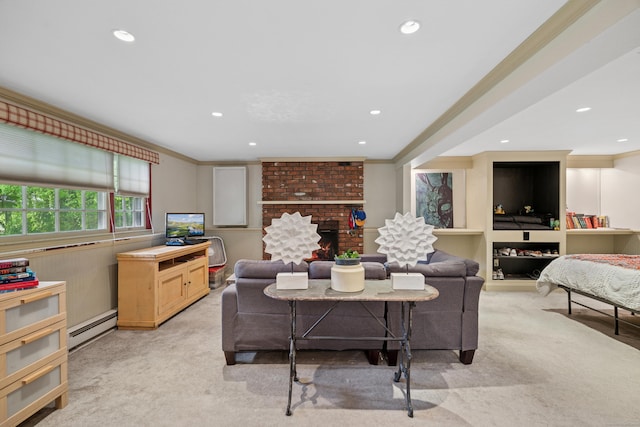 14 Button Rd, Shelton, CT 06484 - living room featuring a baseboard heating unit, ornamental molding, light colored carpet, recessed lighting, and a brick fireplace