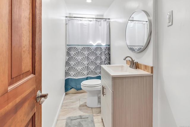 56 Gem Ave, Bridgeport, CT 06606 - full bath featuring vanity, toilet, marble look tile flooring, a shower with curtain, and recessed lighting