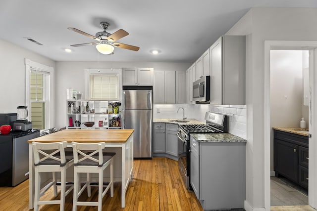 52 Edwards St, New Haven, CT 06511 - kitchen with stainless steel appliances, a sink, gray cabinets, butcher block countertops, and a ceiling fan