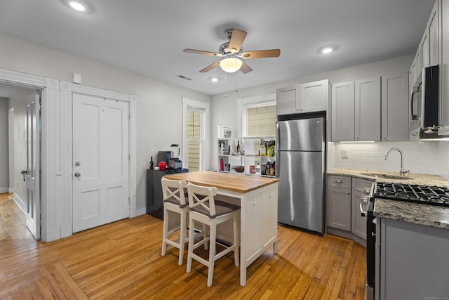 52 Edwards St, New Haven, CT 06511 - kitchen featuring stainless steel appliances, a sink, butcher block countertops, gray cabinetry, and a ceiling fan