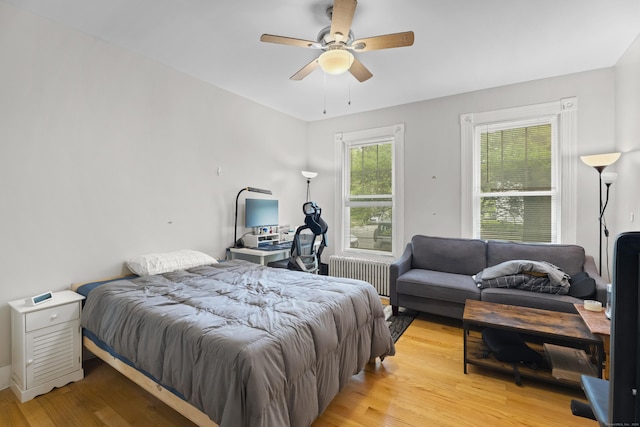52 Edwards St, New Haven, CT 06511 - bedroom with radiator heating unit, light wood-type flooring, and a ceiling fan