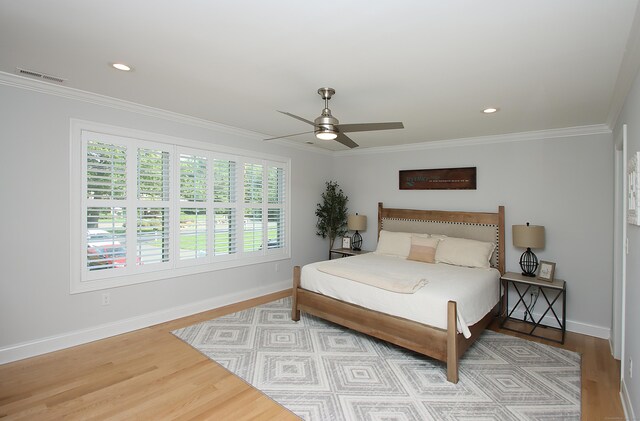 229 Long Hill Cross Rd, Shelton, CT 06484 - bedroom with wood finished floors, baseboards, crown molding, recessed lighting, and ceiling fan