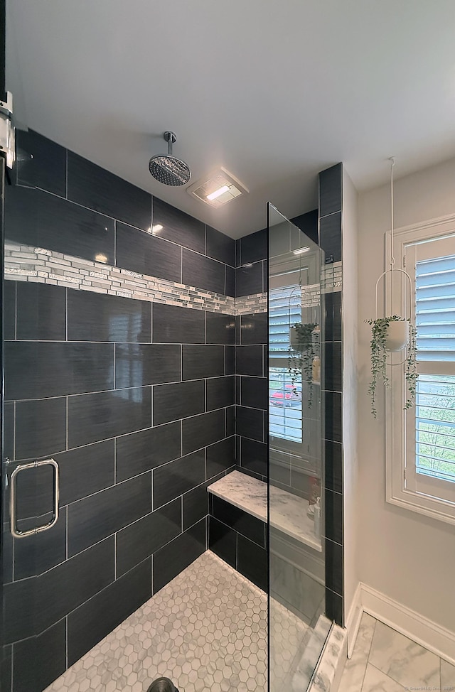 229 Long Hill Cross Rd, Shelton, CT 06484 - full bathroom featuring a shower stall, baseboards, and marble finish flooring