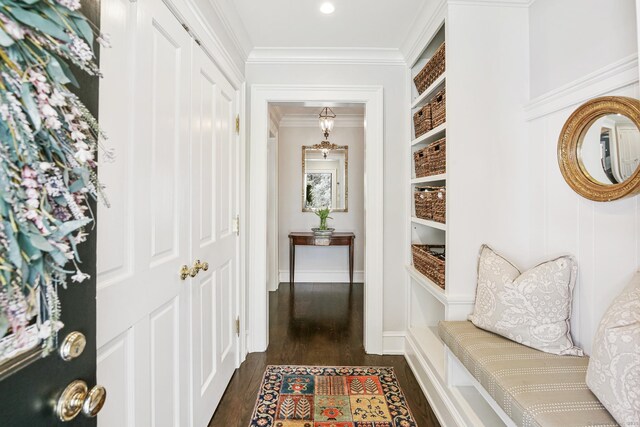 1191 Oenoke Rdg, New Canaan, CT 06840 - foyer entrance featuring dark wood-style floors and ornamental molding