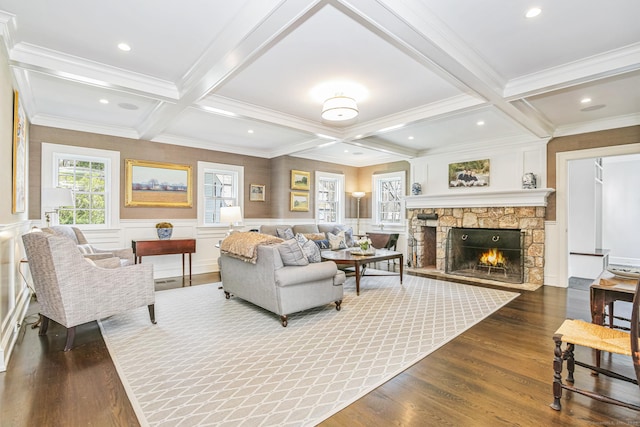 1191 Oenoke Rdg, New Canaan, CT 06840 - living area featuring coffered ceiling, a fireplace, dark wood finished floors, beamed ceiling, and a wainscoted wall