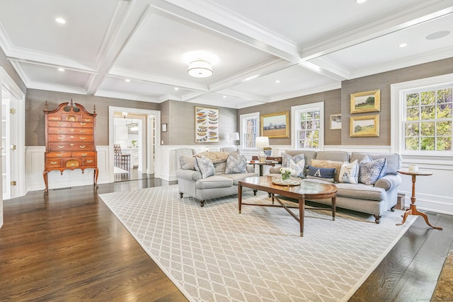 1191 Oenoke Rdg, New Canaan, CT 06840 - living room with dark wood-style floors, coffered ceiling, beam ceiling, and crown molding