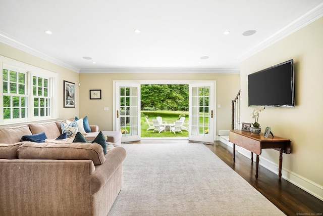 1191 Oenoke Rdg, New Canaan, CT 06840 - living area with plenty of natural light, dark wood-style floors, ornamental molding, recessed lighting, and baseboards