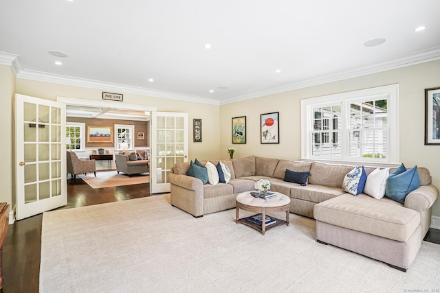 1191 Oenoke Rdg, New Canaan, CT 06840 - living room with french doors, plenty of natural light, wood finished floors, crown molding, and recessed lighting