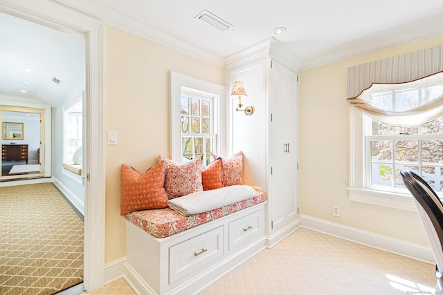 1191 Oenoke Rdg, New Canaan, CT 06840 - sitting room featuring light colored carpet, plenty of natural light, baseboards, ornamental molding, and recessed lighting