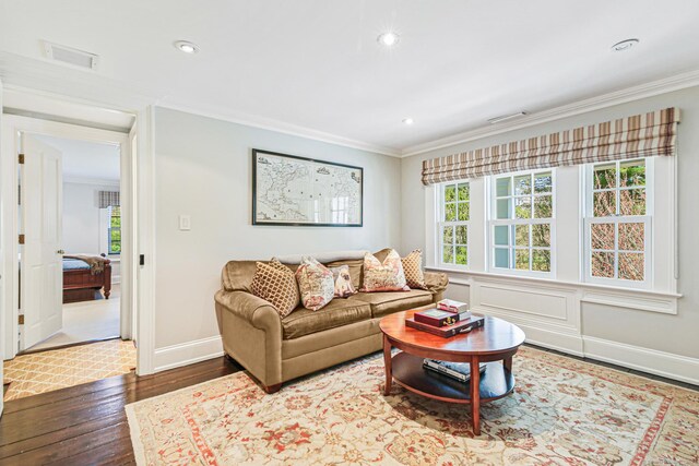 1191 Oenoke Rdg, New Canaan, CT 06840 - living area with wood finished floors, crown molding, baseboards, and recessed lighting
