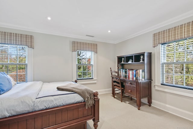 1191 Oenoke Rdg, New Canaan, CT 06840 - bedroom with light colored carpet, crown molding, baseboards, multiple windows, and recessed lighting