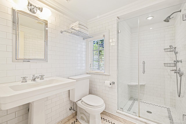 1191 Oenoke Rdg, New Canaan, CT 06840 - full bathroom with ornamental molding, tile walls, toilet, and a shower stall