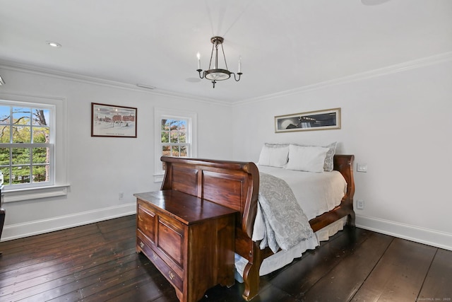 1191 Oenoke Rdg, New Canaan, CT 06840 - bedroom with dark wood-style flooring, crown molding, baseboards, a chandelier, and recessed lighting