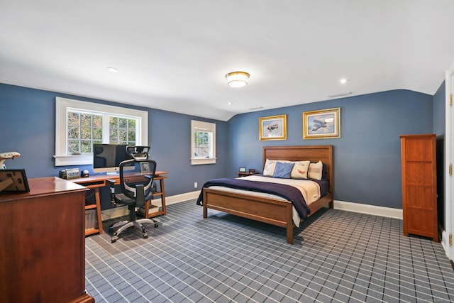 1191 Oenoke Rdg, New Canaan, CT 06840 - bedroom with dark colored carpet, an office area, baseboards, lofted ceiling, and recessed lighting