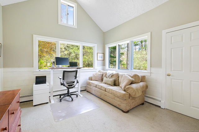 1191 Oenoke Rdg, New Canaan, CT 06840 - home office with a baseboard heating unit, wainscoting, high vaulted ceiling, plenty of natural light, and carpet
