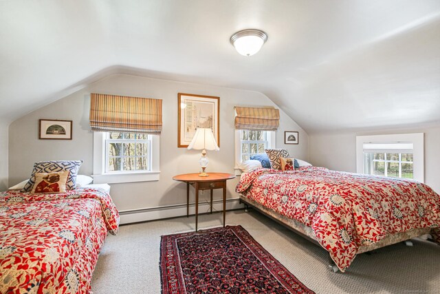 1191 Oenoke Rdg, New Canaan, CT 06840 - bedroom featuring baseboard heating, carpet floors, multiple windows, lofted ceiling, and baseboards