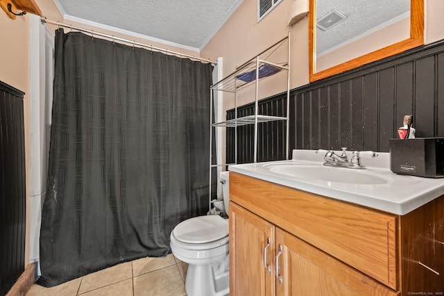 2517 Main St, Coventry, CT 06238 - bathroom with a textured ceiling, tile patterned floors, toilet, vanity, and a shower with shower curtain