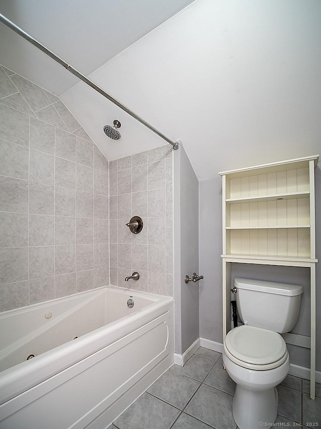 283 Quinnipiac Ave, North Haven, CT 06473 - bathroom with lofted ceiling, tile patterned floors, toilet, baseboards, and shower / tub combination