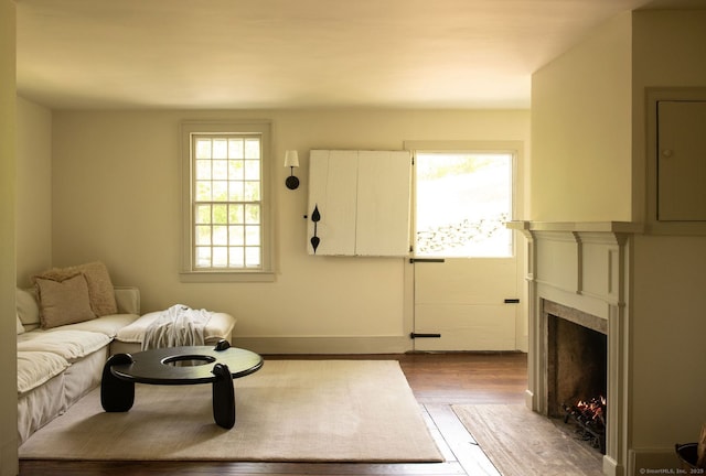 living room featuring wood finished floors, a lit fireplace, and baseboards